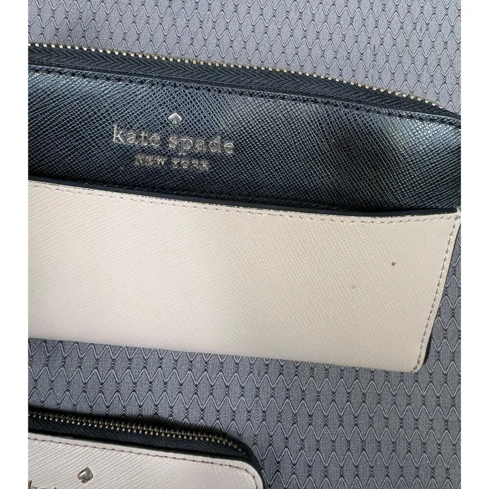 Kate Spade Wallet Womens One Size Beige Black Leather Zip Around Card Case